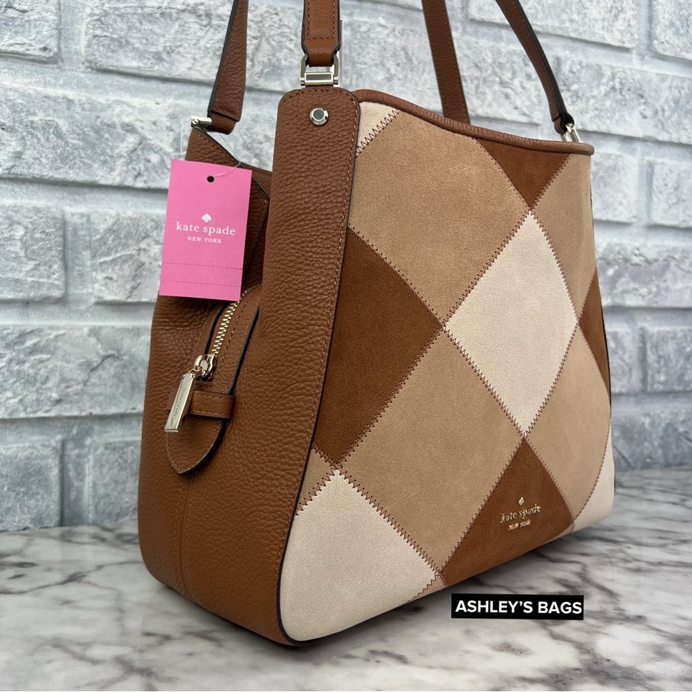 Kate Spade Leila Medium Patchwork Suede Triple Compartment Shoulder Bag Tote - Picture 2 of 9